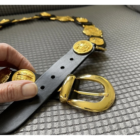 Vtg Milos Italy Black Leather Gold Hermes Head Greek God Medallion Belt LARGE - Picture 3 of 16